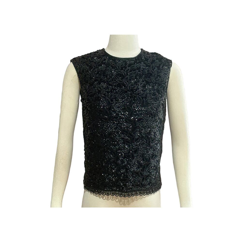1960s Stephen Chu Hong Kong Black Bead & Sequin Sleeveless Evening Sweater Sz 36